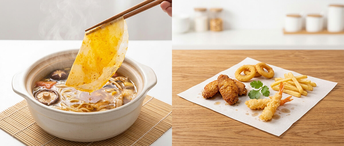 Chopsticks lifting food oil blotting paper to skim fat from hot soup, alongside a square grease-absorbing sheet under fried snacks.