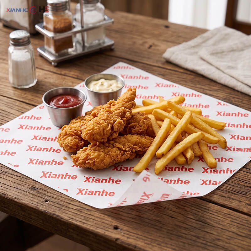 Oil resistant greaseproof paper sheets used as wire basket liners for fried chicken and french fries