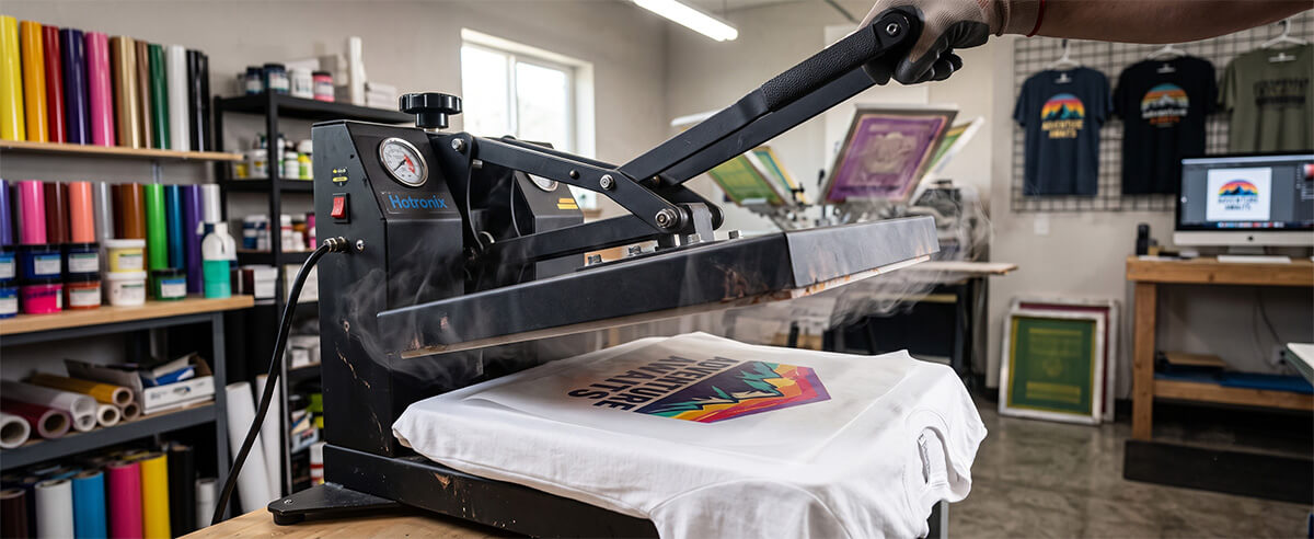 Heat press machine applying sublimation transfer paper onto a white T-shirt with heat-activated adhesive preventing ghosting for vivid color transfer