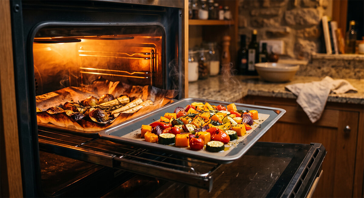 Two oven trays side by side: greaseproof paper browning and smoking at high heat while silicone baking paper stays intact with roasting vegetables, demonstrating oven-safe heat resistance differences