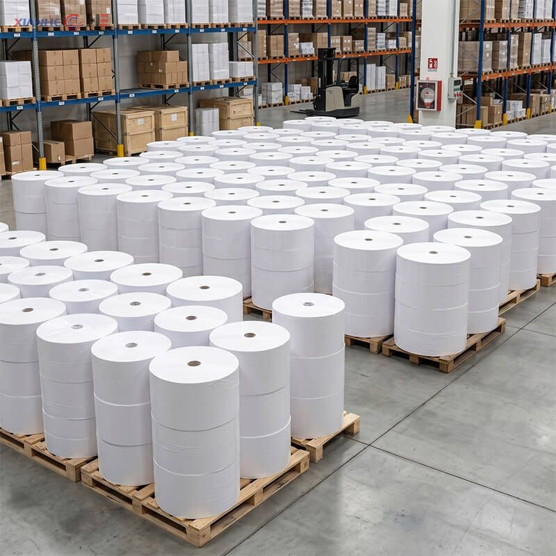 Large inventory of glassine paper rolls on wooden pallets ready for wholesale