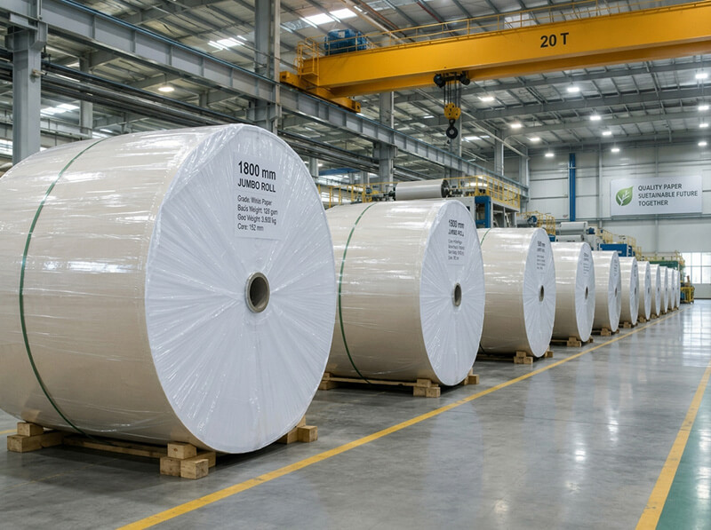 1800mm wide virgin pulp baking base paper jumbo rolls stored on industrial paper mill floor