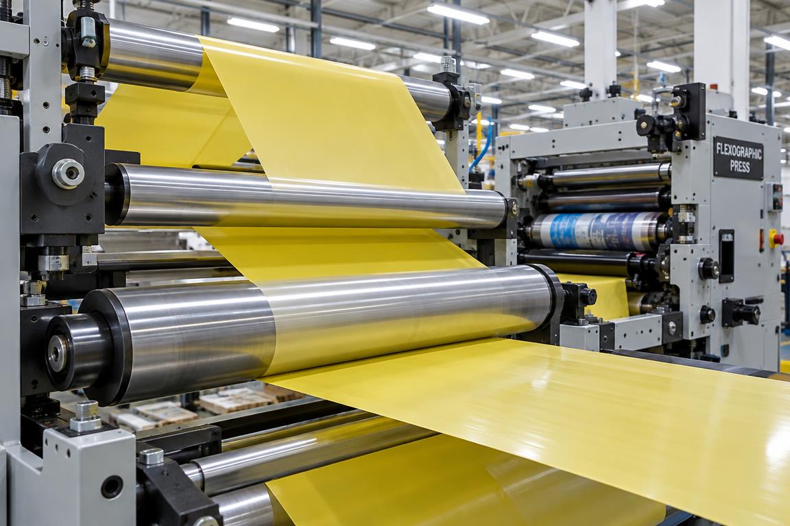 Yellow glassine release liner running smoothly over web tension rollers on a flexographic label press