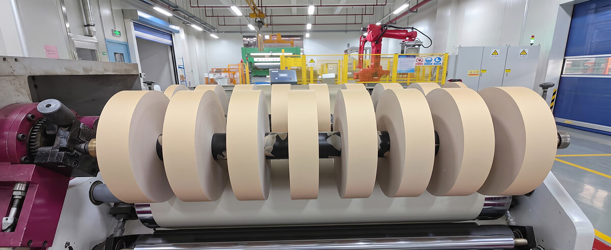 Precision-slit rolls of electrolytic capacitor separator paper mounted on a slitting machine shaft