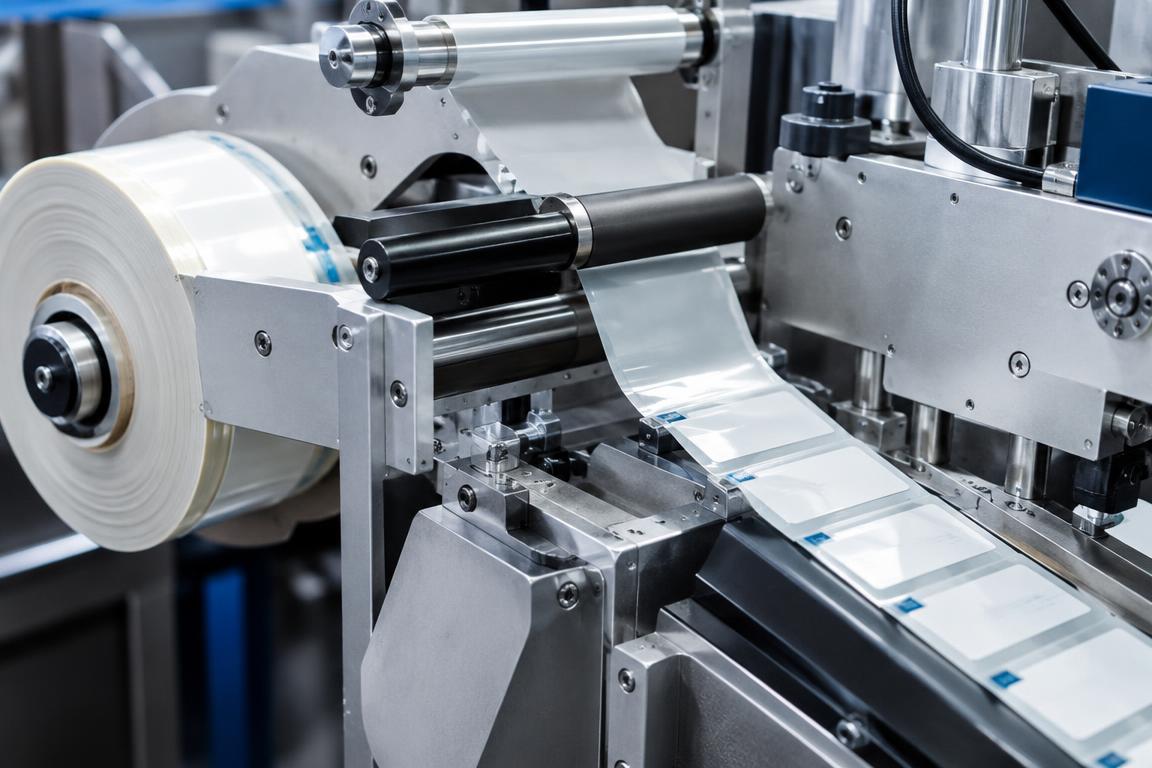 White pressure-sensitive labels peeling cleanly from a translucent silicone-coated glassine release liner