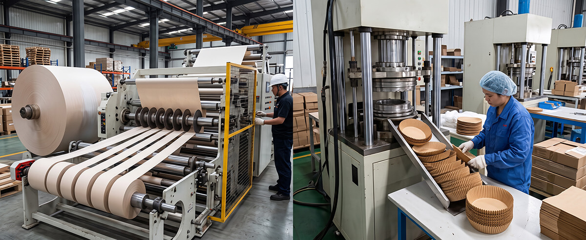 Unbleached silicone baking paper jumbo roll slitting and heated deep-draw press forming 3D bowl-shaped air fryer parchment liners