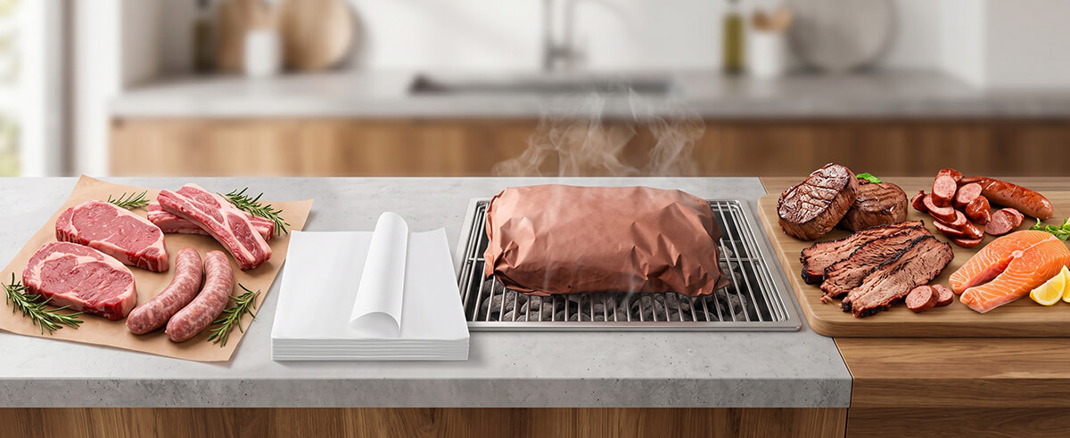 White and brown butcher paper rolls and sheets used for wrapping raw meat, BBQ smoking brisket on the grill, and cooked food presentation