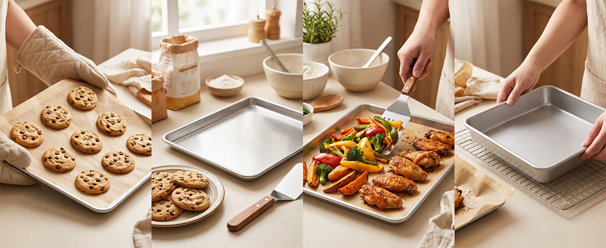 Silicone baking paper lining a baking sheet, demonstrating nonstick clean release for cookies and easy cleanup for roasted vegetables.
