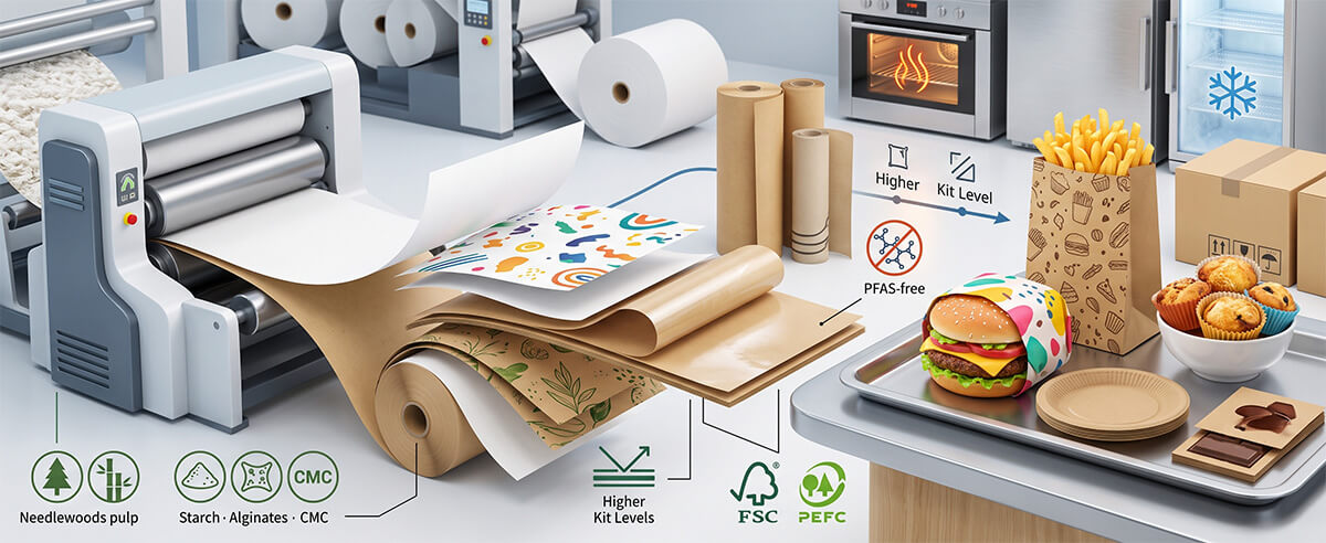 Manufacturing process of PFAS-free greaseproof paper showing calendering rollers, material layers, and food packaging applications.