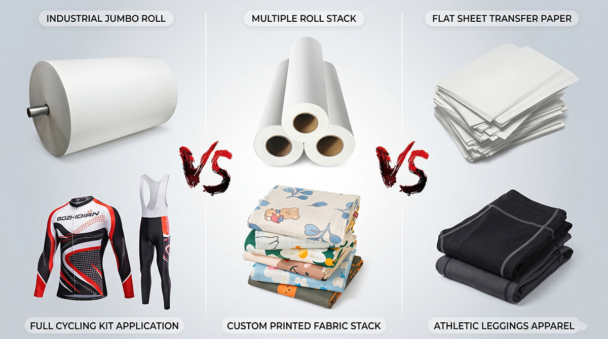 Comparison of sublimation paper formats: industrial jumbo roll for cycling kits, standard roll stacks for printed fabrics, and flat sheet transfer paper for athletic apparel.