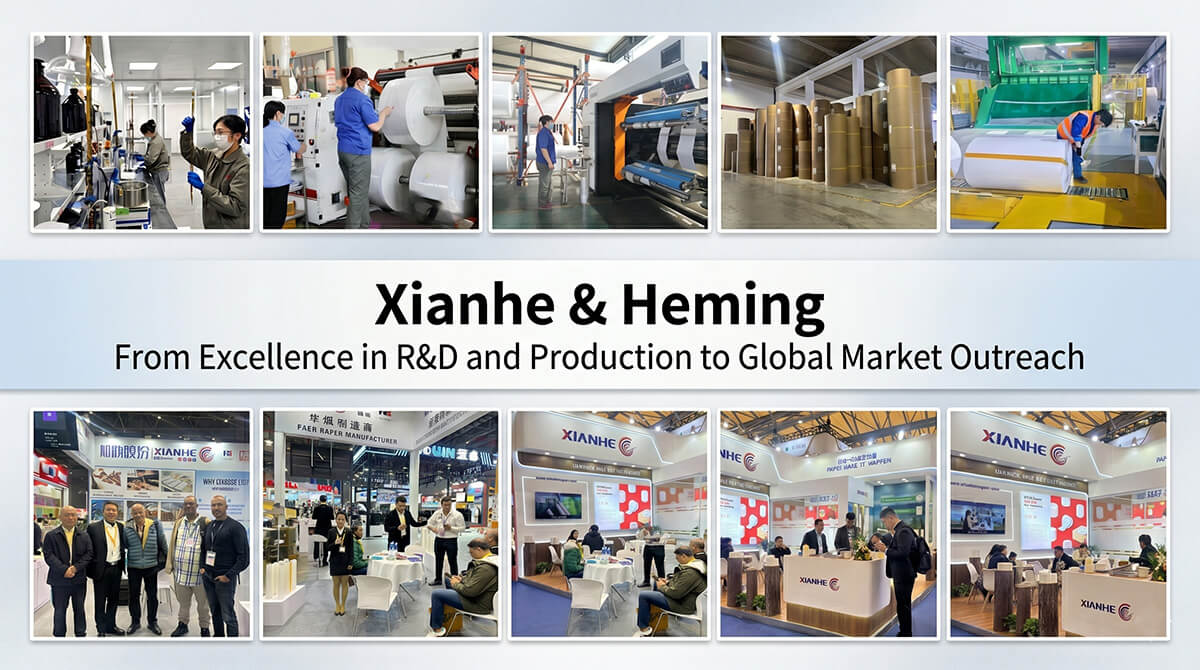 Xianhe and Heming paper manufacturer showcasing R&D laboratory, production lines, and global trade show exhibitions