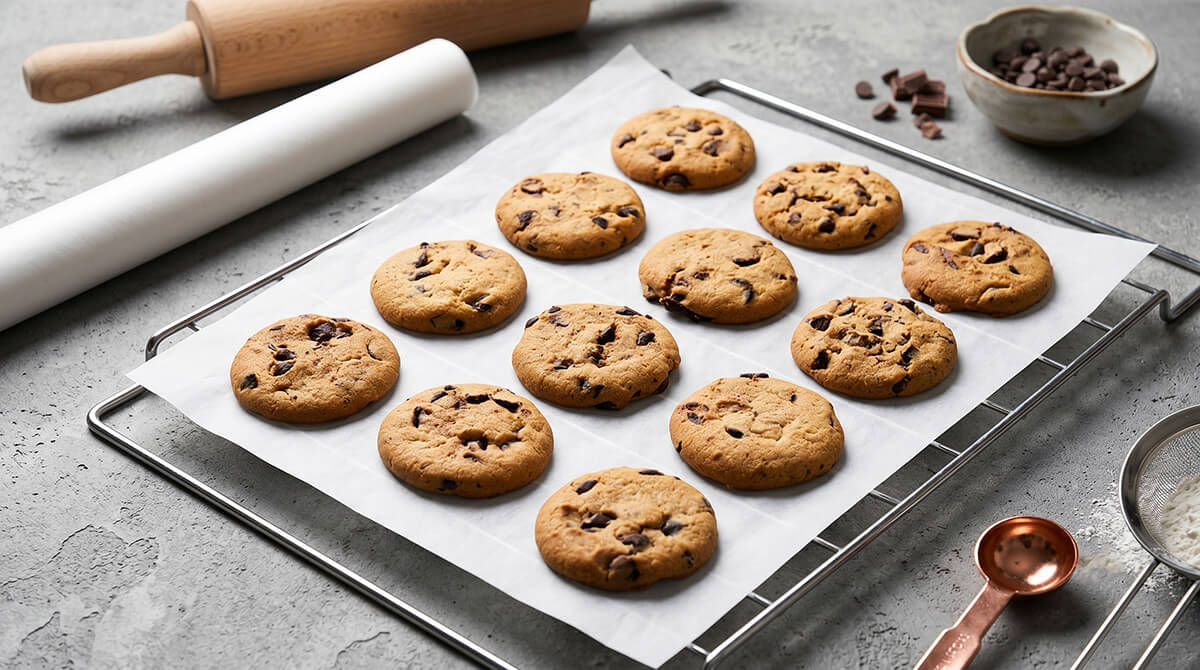 Freshly baked chocolate chip cookies on non-stick greaseproof baking paper