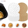 Non-stick perforated parchment paper rounds used in air fryer basket for french fries, chicken wings, and baking