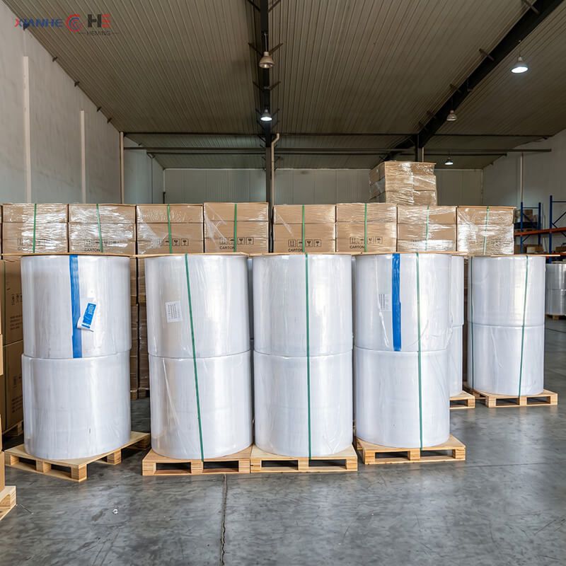 Moisture-proof PE film wrapped palletized baking paper rolls and cartons in warehouse