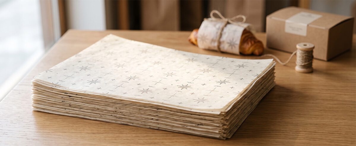 Stack of custom printed greaseproof paper sheets with food-safe ink pattern for restaurant bakery branding
