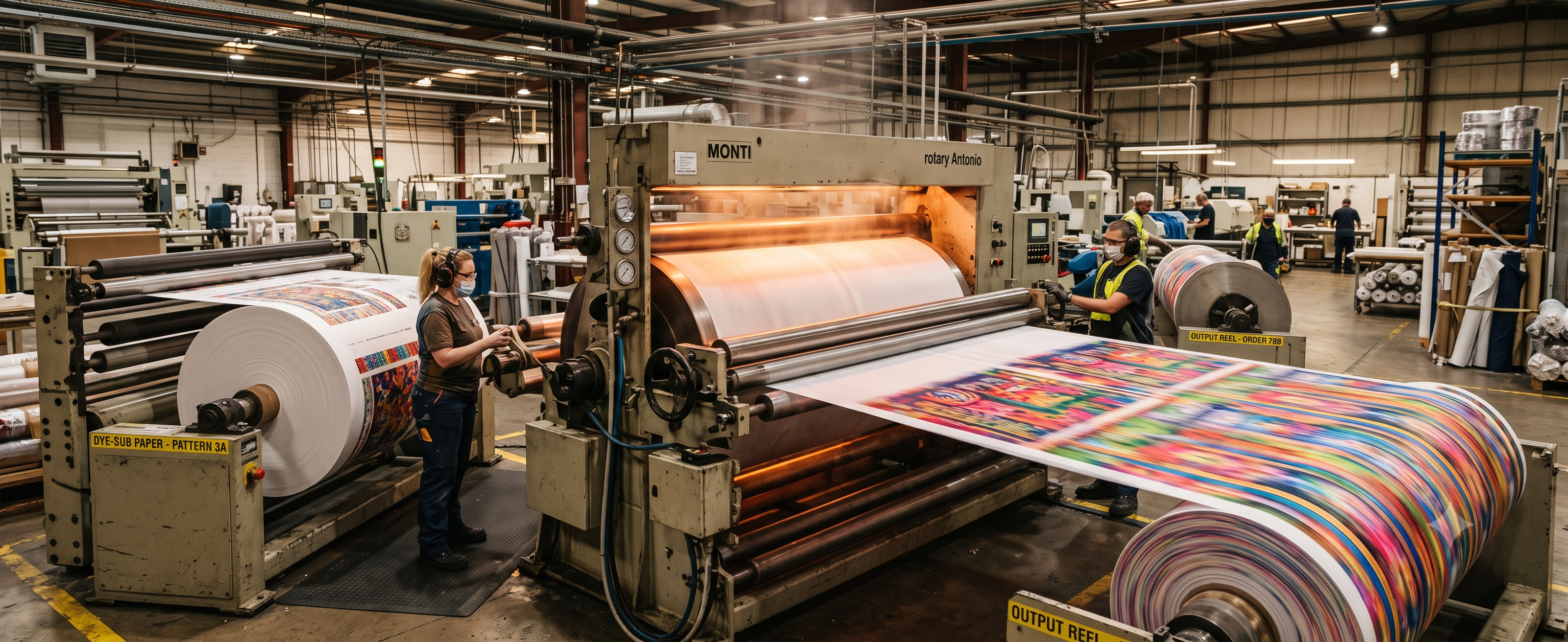 Roll to roll sublimation printing paper roll feeding through a calendar heat press for textile production