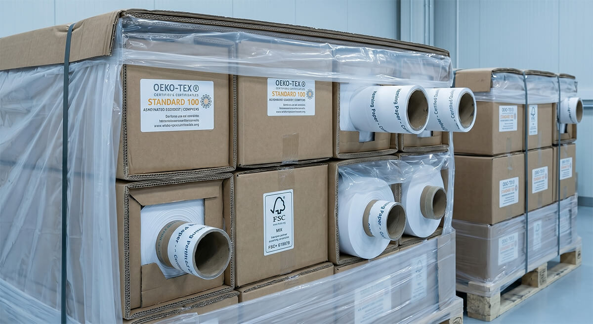 Securely palletized rolls of sublimation paper with moisture-proof packaging, providing reliable roll sublimation paper for global export.