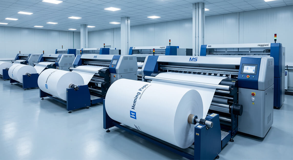 Industrial roll to roll sublimation printing workshop utilizing high-quality paper for sublimation printing.