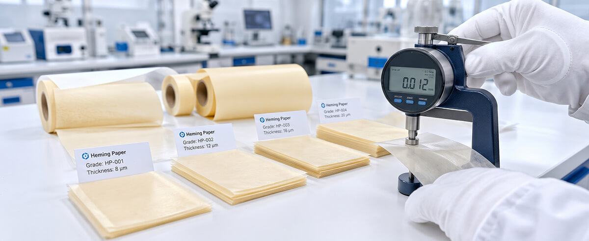 Technician using a digital micrometer to measure Heming electrolytic capacitor paper thickness in a lab