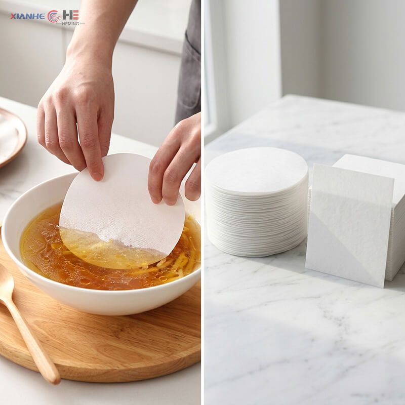 Food grade scum and grease absorbing film removing floating oil from hot broth and soup