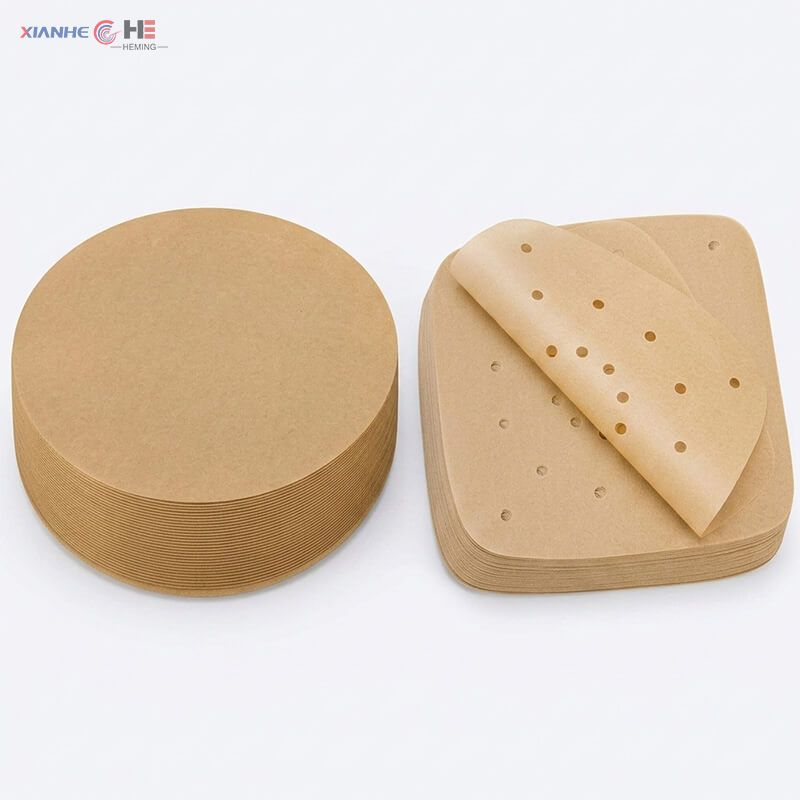 Unbleached air fryer disposable paper liner wholesale showing round solid sheets and perforated square sheets
