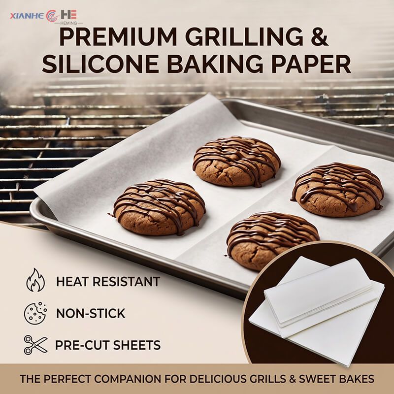 Custom precut silicone baking paper sheets on baking tray for cookies and commercial bakery production