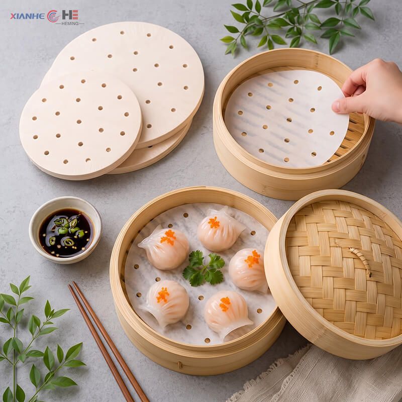 Round steamer paper liner preventing steamed Cantonese har gow shrimp dumplings from sticking