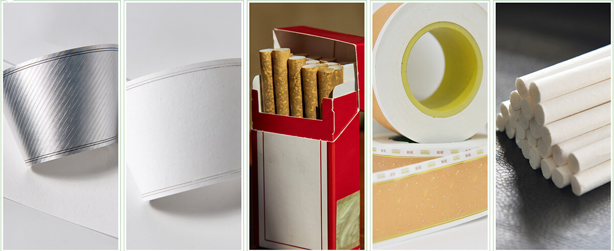 Specialty tobacco paper solutions collage showing plug wrap paper reels, tipping paper, and filter rods