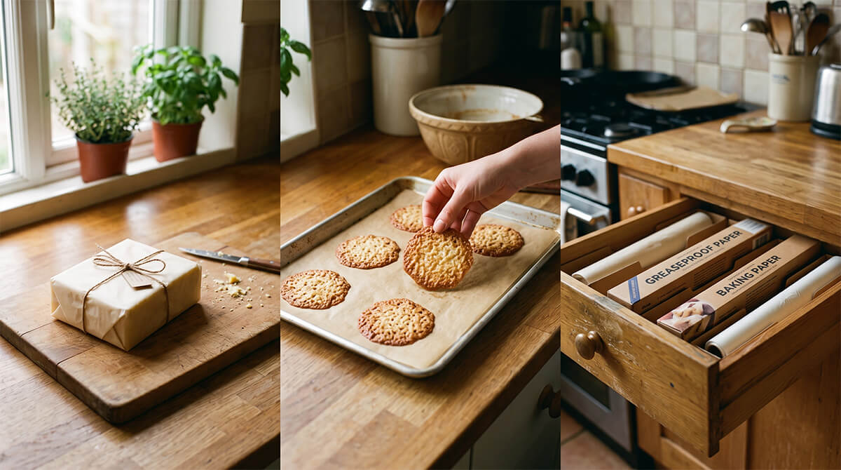 Greaseproof paper wrapping cheese, silicone baking paper releasing lace cookies without sticking, and both paper rolls stored in a kitchen drawer — showing proper use cases for each type