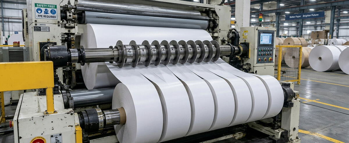 Industrial slitter rewinder machine cutting baking base paper master jumbo roll into uniform custom widths