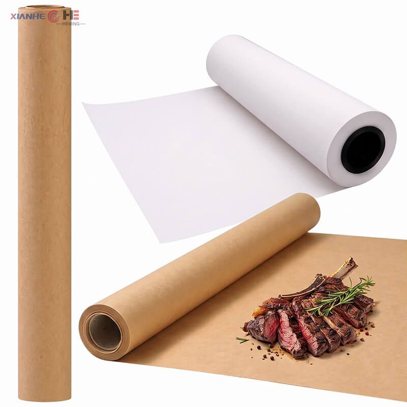 White and brown large butcher paper rolls with grilled steak on bone