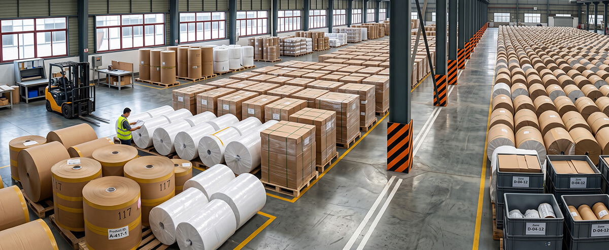 Factory warehouse storing bulk pallets of large butcher paper rolls in white and brown