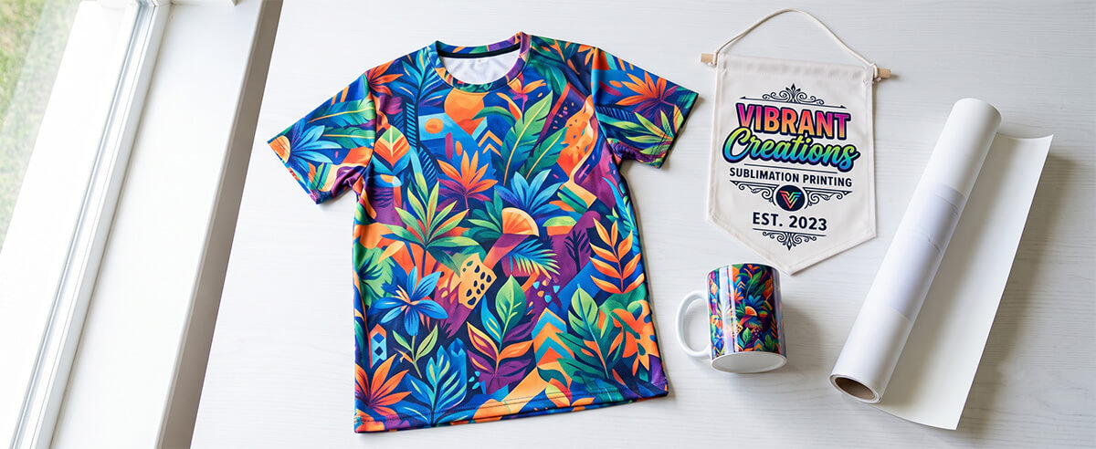 Finished sublimation products including a custom-printed T-shirt, full-color mug, and banner on a table beside an unused roll of sublimation transfer paper
