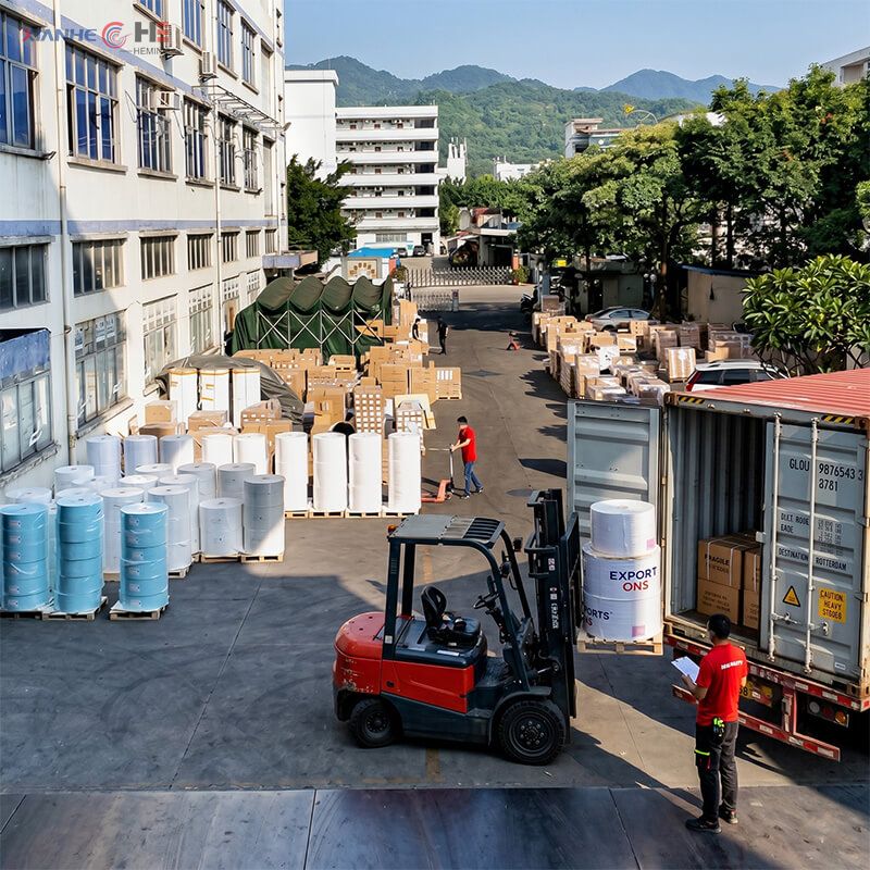 Forklift loading glassine paper rolls into 40HQ shipping container