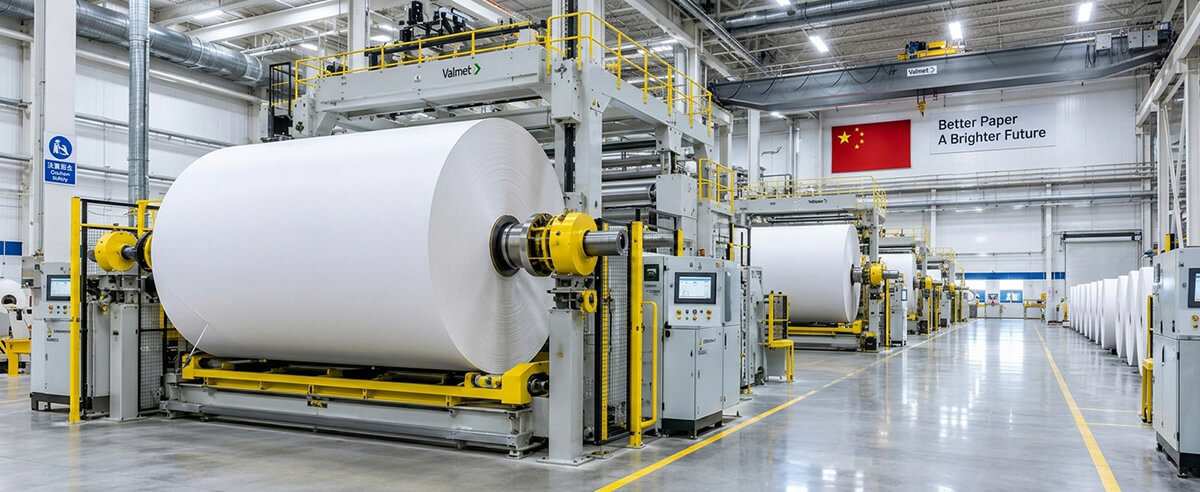 Uncoated baking base paper jumbo rolls on automated Valmet winding equipment at industrial paper mill