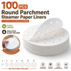 Stack of round parchment steamer paper liners with die-cut holes and size chart from 3 to 13 inches