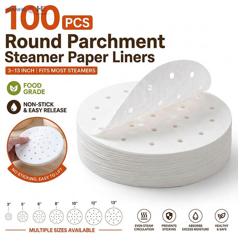Stack of round parchment steamer paper liners with die-cut holes and size chart from 3 to 13 inches
