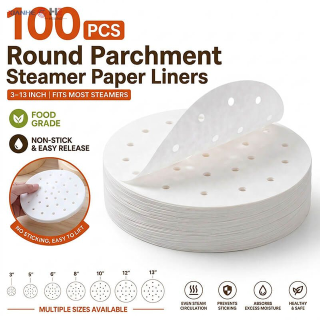Stack of round parchment steamer paper liners with die-cut holes and size chart from 3 to 13 inches