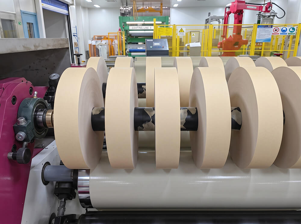 Precision slitting machine processing narrow-width electrolytic capacitor paper rolls in cleanroom workshop.