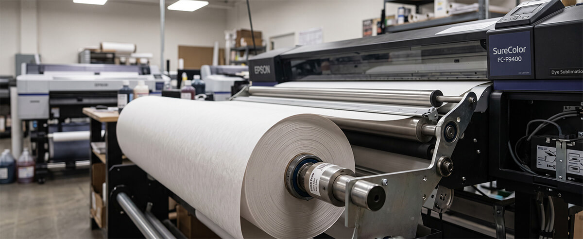 Loading a roll of sublimation transfer paper into a wide-format Epson-compatible printer for continuous-feed dye sublimation printing