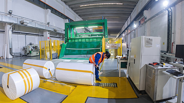 A factory worker handling a large paper roll on the production line at our direct electrolytic capacitor paper factory.
