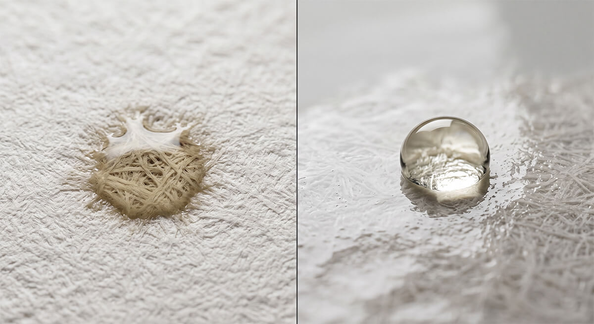Macro close-up comparing the dense wood pulp fibers of greaseproof paper with the glossy silicone coating on baking paper, showing oil beading on the coated surface